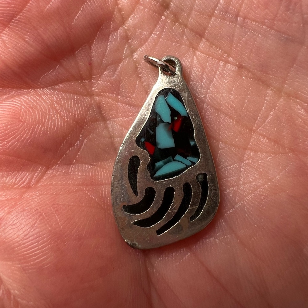 Turquoise & Coral Simulant Silver Tone Bear Claw Necklace Pendant
